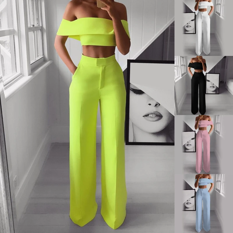 

Elegant Female Lady Women's Sexy Off Shoulder Crop Top High Waist Flared Wide Killer Legs Pants Two Piece Set OL Career Trousers