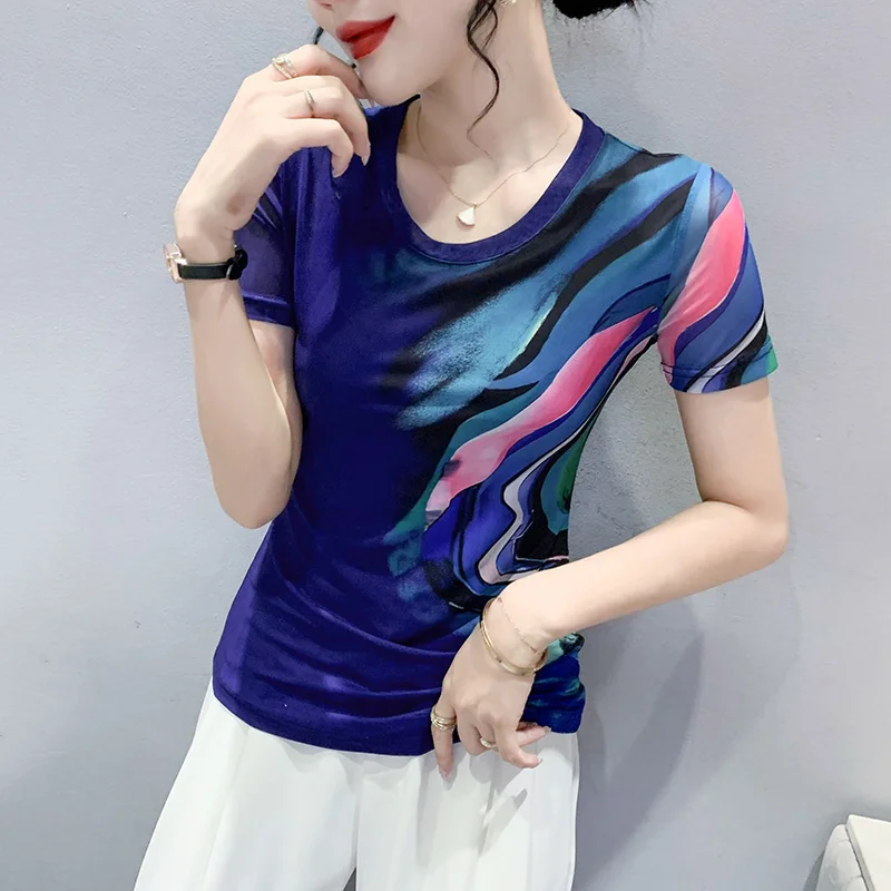 #5918 черная синяя зеленая Сетчатая футболка с принтом Tie Dye Женская облегающая