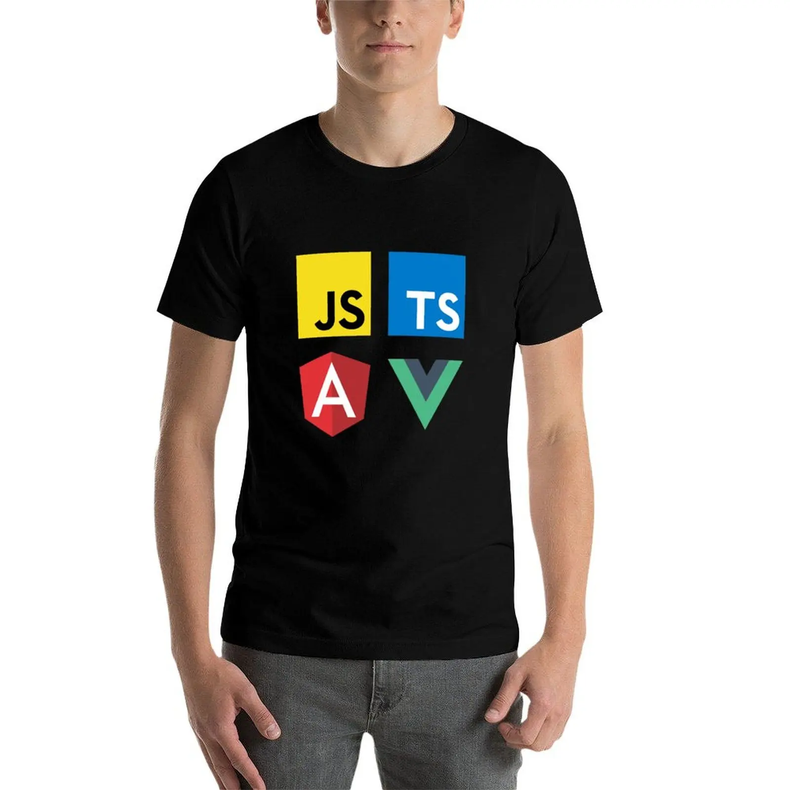 Фото Футболка больших размеров с надписью Vue, TypeScript, Angular and JavaScript (черная), универсальная футболка №4