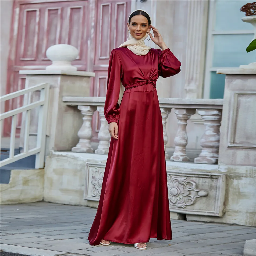 

Wepbel Dubai Abaya Satin Muslim Dress Arabic Waist-Controlled Lace-up Dress Islamic Clothing Caftan Abaya Ramadan Kaftan Robe