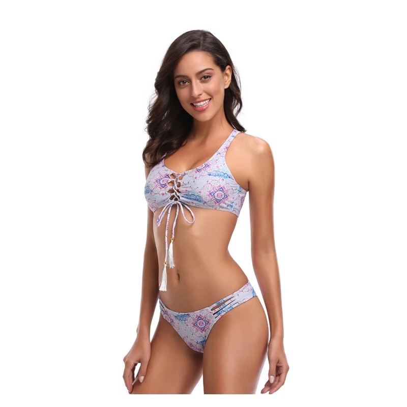 

Sexy Beach Bikini Set Front Tie Push Up Printed Swimsuit Women Bathing Suit Multi Straps Side Cutout Bottoms Swimwear