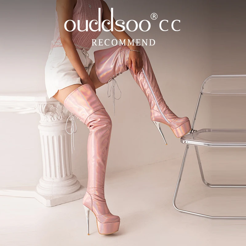 Ods Sexy Womens Mirror Stiletto Heel Thigh High Booties Ladies Party Shoes Platform Over-the-knee Boots Silver Pink 4445464748