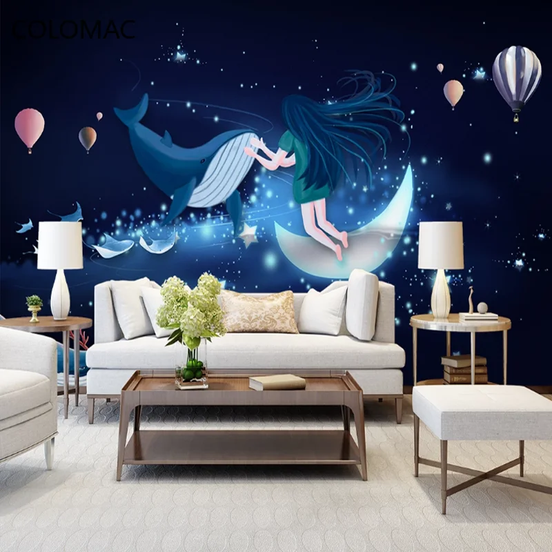 

Colomac Custom 3D Cartoon Environmentally Friendly Wallpaper Star Whale Hot Air Balloon Children's Room Mural Dropshipping