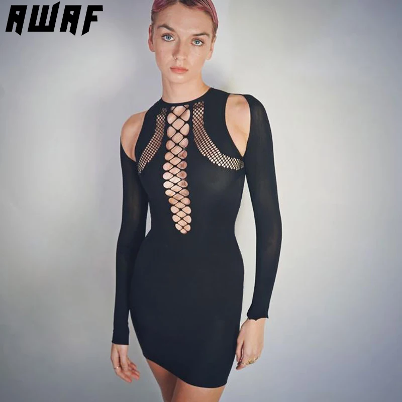 

AWAF Sexy Hollow Out Bare Shoulders Mini Dress for Women Solid Long Sleeves O Neck Slim Dress Elegant Club Party Evening Clothes