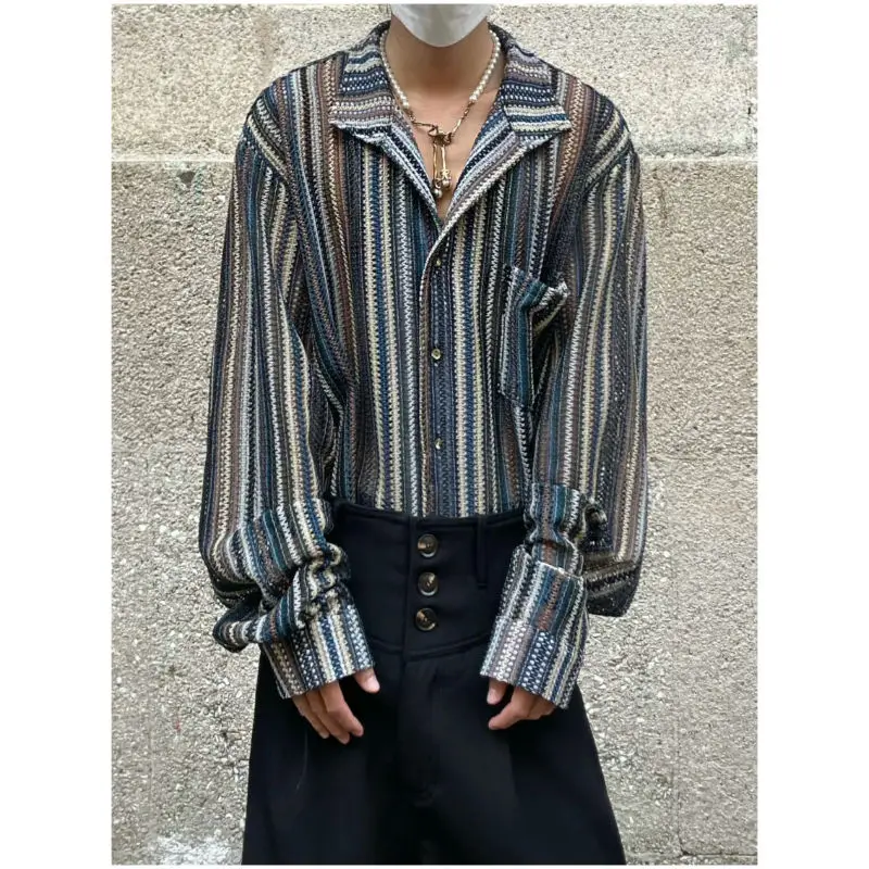 

2022 Autumn Japanese Retro Vertical Stripe Hollow Cuban Collar Shirt Men Long Sleeve Gothic Casual Shirt Women Korean Fashion