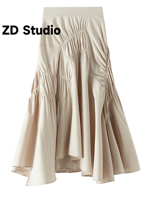 

[ZD Studio] High Elastic Waist Black Irregular Pleated Elegant Half-body Skirt Women Tide New Spring Autumn 2023