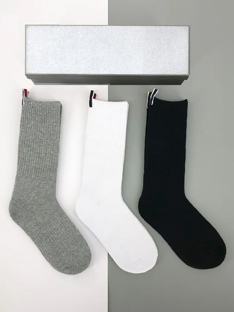 

3 pairs of tb mid-tube socks four-bar solid color women's Japanese trend towel socks deodorant sweat-absorbing stockings