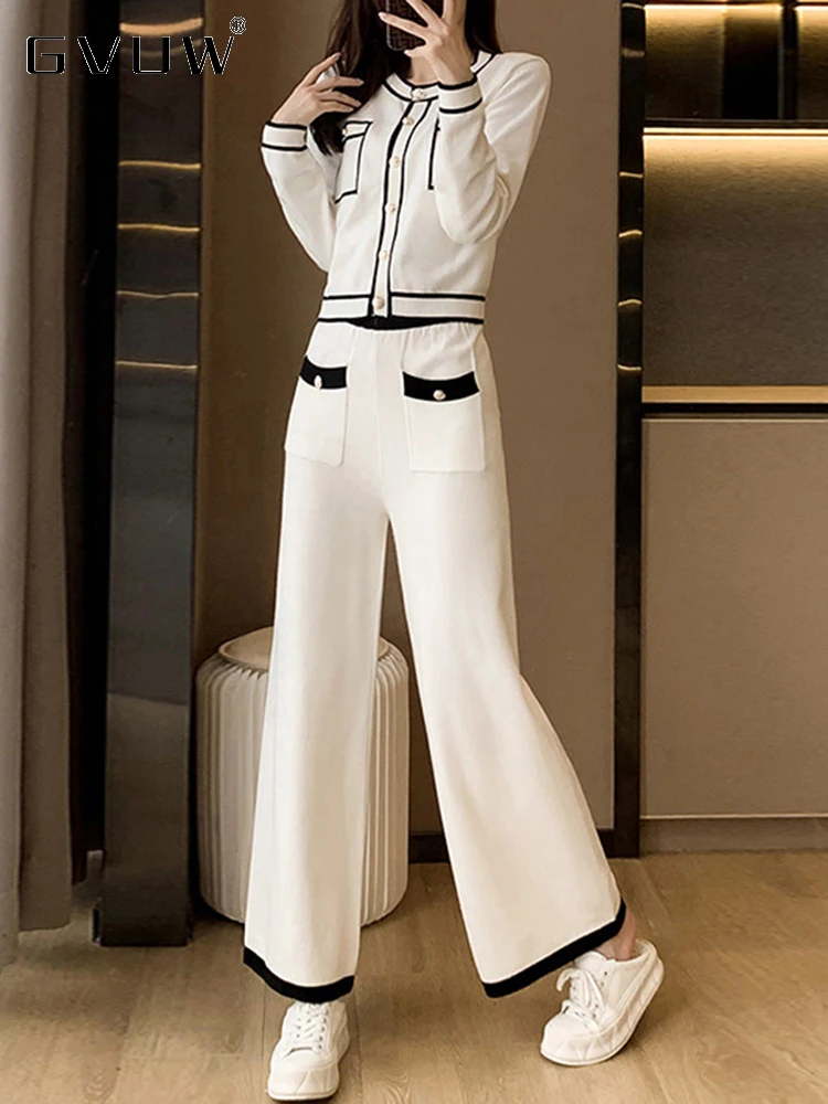 

GVUW 2022 Autumn New Women Contrast Color Elegant Knitted Single Breasted Top Double Pockets Flare Pants Two Piece Set 17G2113