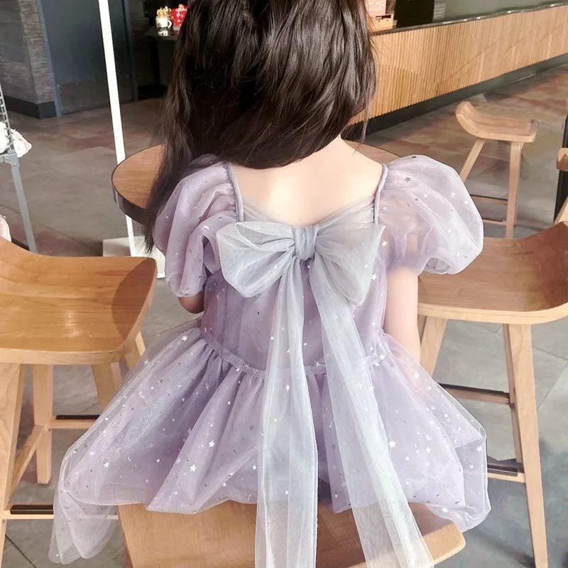 

Новое поступление, летнее платье для девочки, полностью кружевное Сетчатое платье с квадратным воротником и короткими рукавами-фонариками, фиолетовое платье принцессы, детская одежда