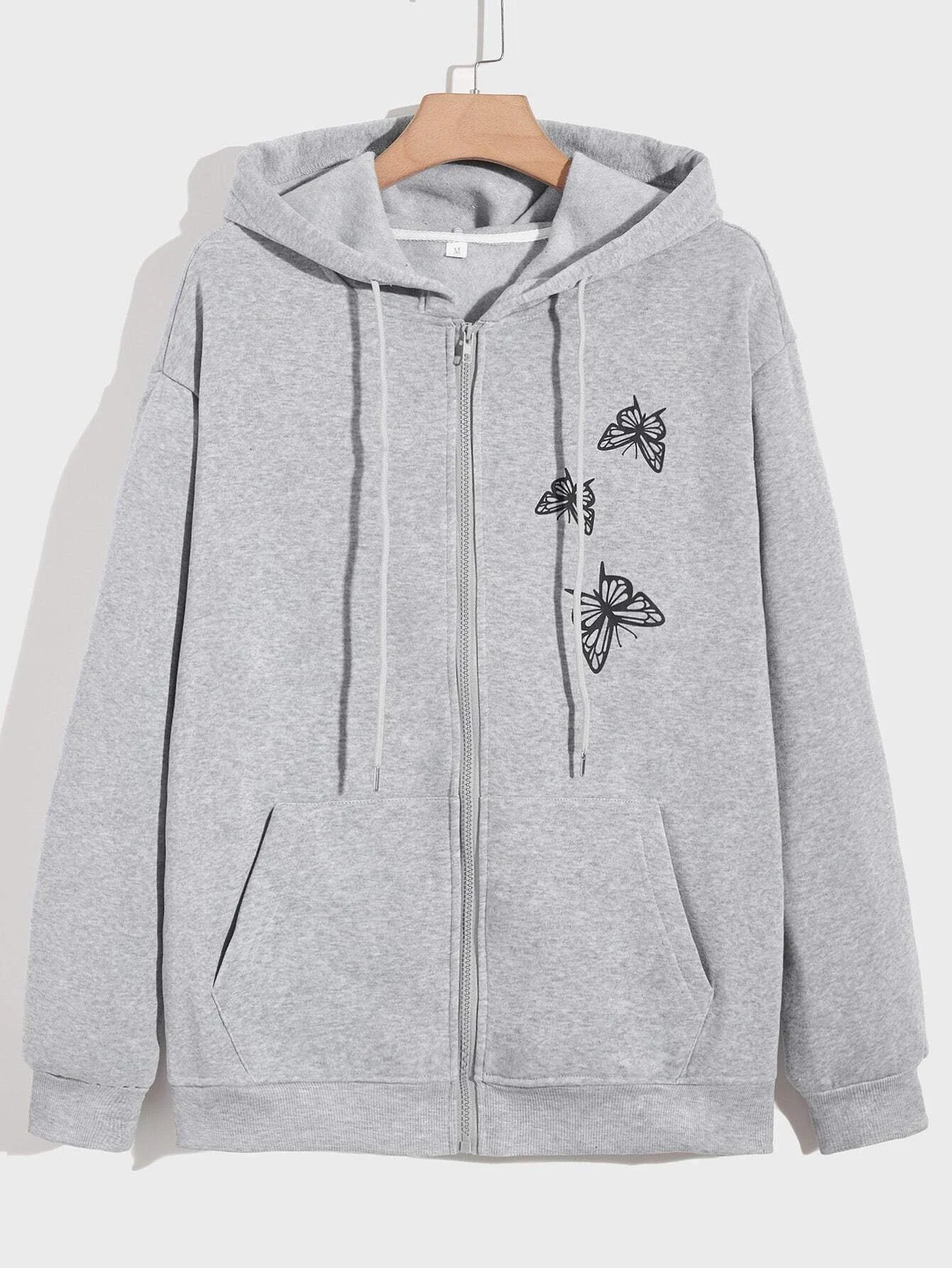 

Men Butterfly Print Zip Up Kangaroo Pocket Drawstring Hoodie