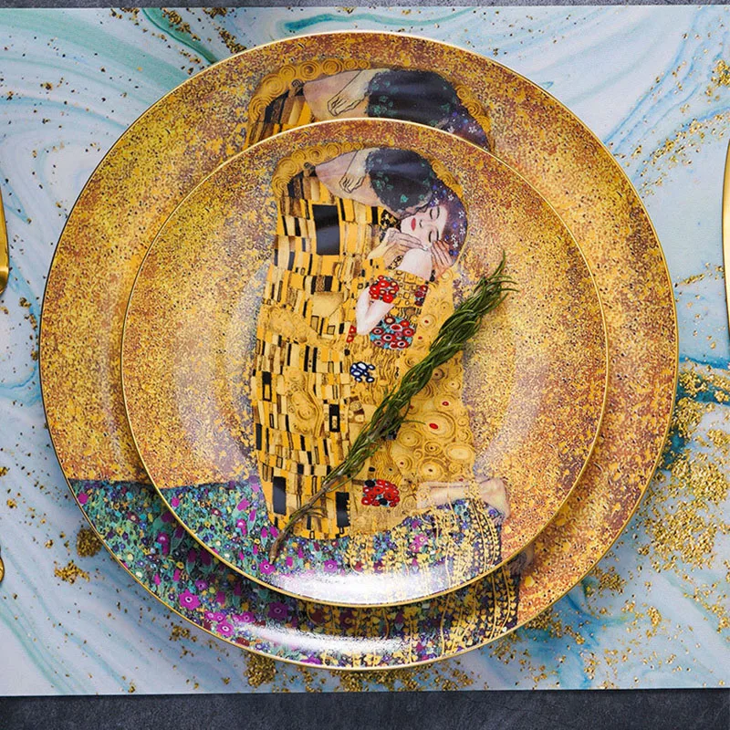 Фото Набор обеденных тарелок Klimt Kiss из костяного фарфора, роскошная фарфоровая тарелка для десертов, мяса, хлеба, торта, посуда. №1