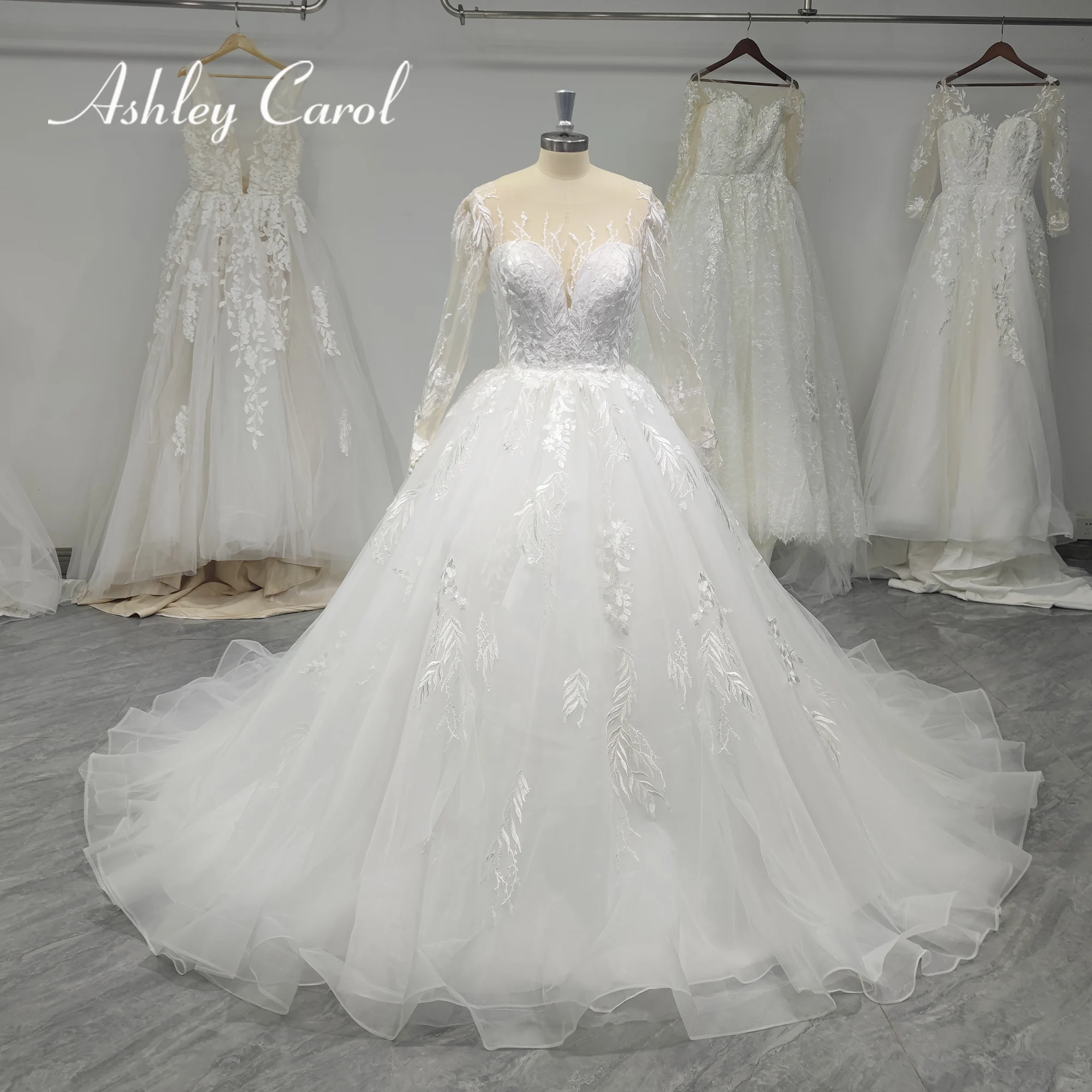 

Ashley Carol A-Line Wedding Dress Real photos 2023 Invisible Neckline Appliques Long Sleeve Fairy Wedding Gown Vestidos De Novia