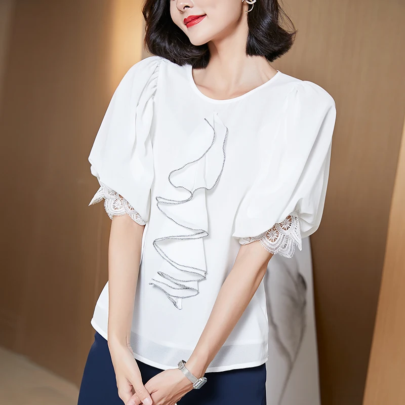 

Qiukichonson Bluzas Mujer 2022 Korean Fashion Puff Sleeve Blouse Women Elegant Ruffle Chiffon Tops Ladies