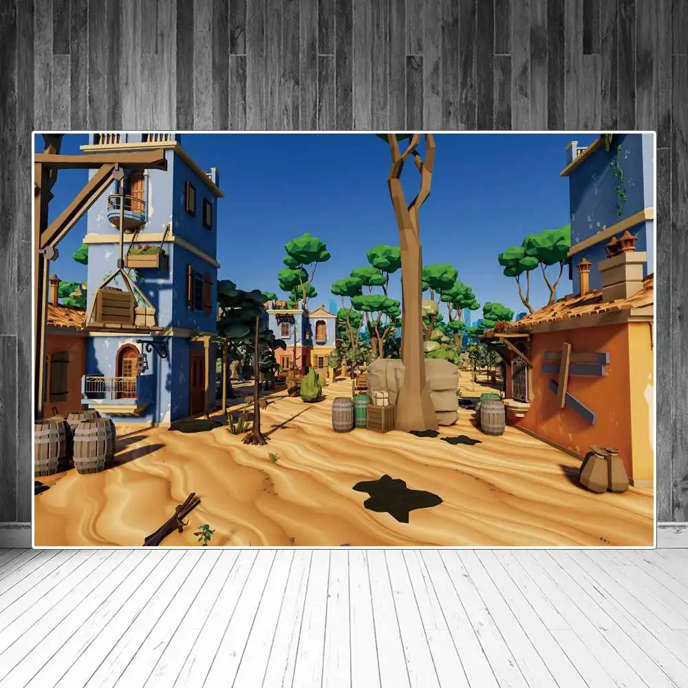 

Desert Forest Blue House Buildings Photography Backdrops Decoration Pixel Style Game Scene Box Sign Baby Photo Backgrounds Props