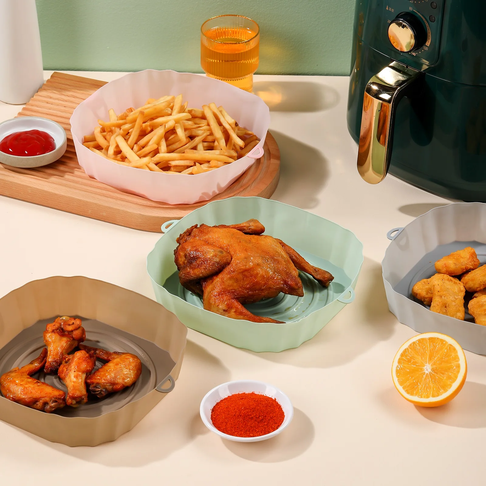 

2Pcs Reusable Pan Liner Accessories Air Fryer Silicone Basket Silicone Mold Airfryer Oven Baking Tray Pizza Fried Chicken Basket