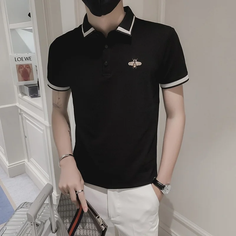 

Summer Bee Embroidery POLO Shirts for Men Lapel Short Sleeves POLO Business Casual Slim Tee Tops Streetwear Social Male Clothing