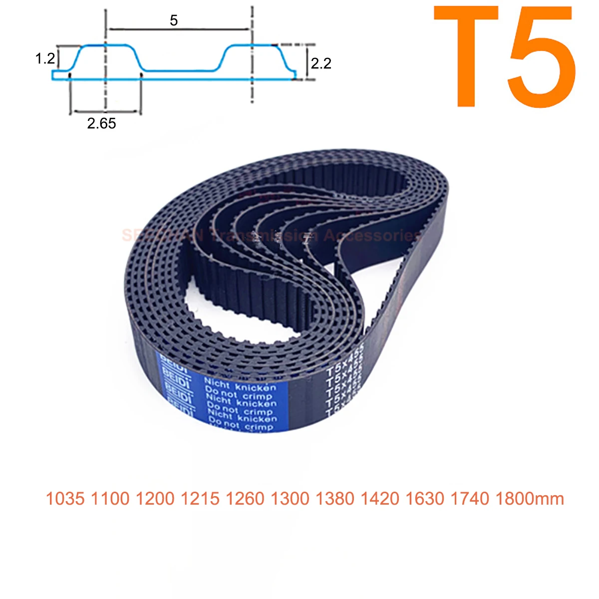 

Trapezoidal Tooth T5 Synchronous Belt Pitch Length 1035 - 1800mm Rubber with Fiberglass Core Width 10/15/20/25mm Timing Belt
