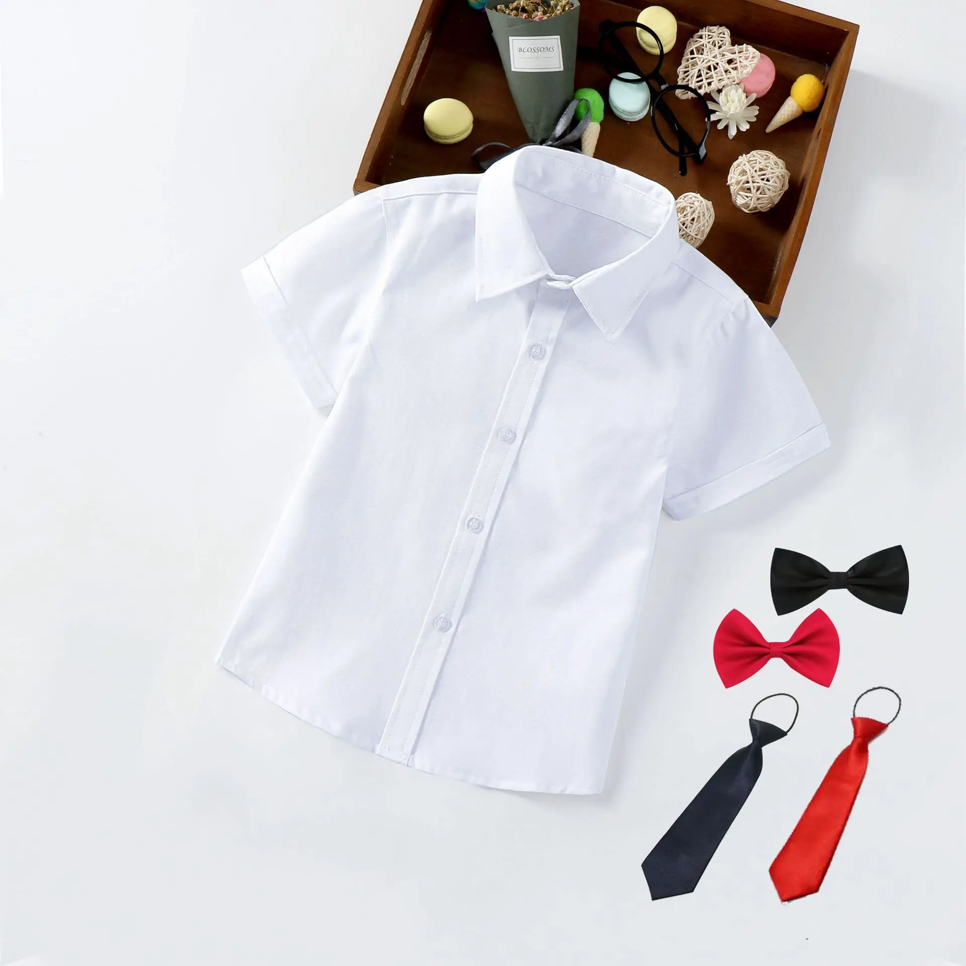 

Boys Shirt Spring and Autumn Short Sleeve Polo Collar Solid Cotton White T-shirt