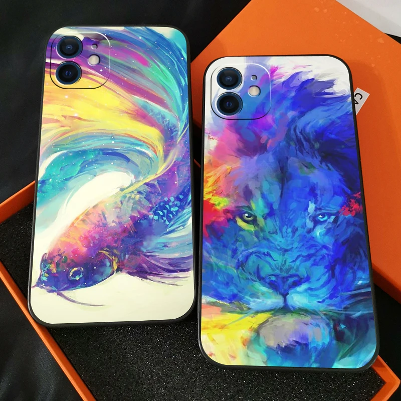 

Watercolor Dog Wolf Lion Animal Phone Case For Funda iPhone 13 11 Pro Max 12 Mini X XR XS Max 6 6s 7 8 Plus Black