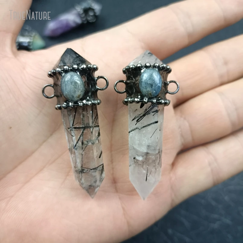 

Винтажные Ювелирные изделия ручной работы с двойным концом, шестигранная, античное серебряное покрытие, турмалированный кварц, кианит, подвеска, 10 шт.