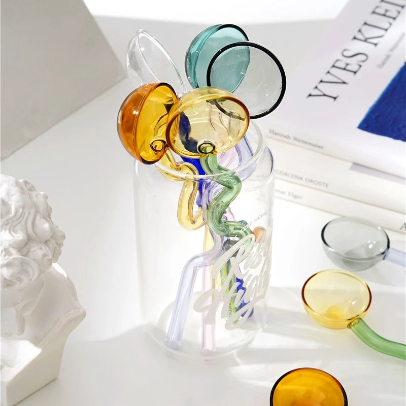 

Креативная стеклянная цветная прозрачная ложка для кофе, молока, десертов, перемешивающая ложка с длинной ручкой, круглая кухонная посуда, ...