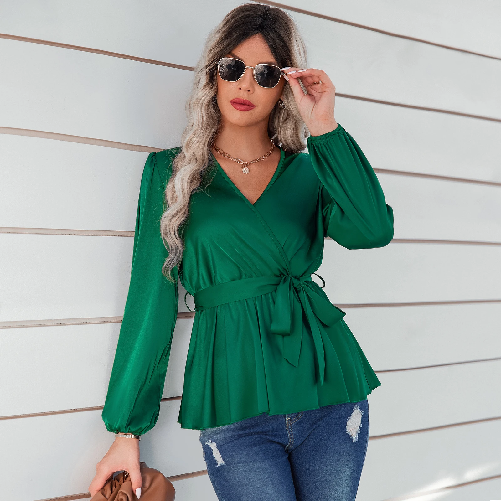 

2022 Stylish Women Long Sleeve V Neck Chemise Shirt Ol Blusa Tops With Belt Female A-Line High Waist Floral Printed Blouse