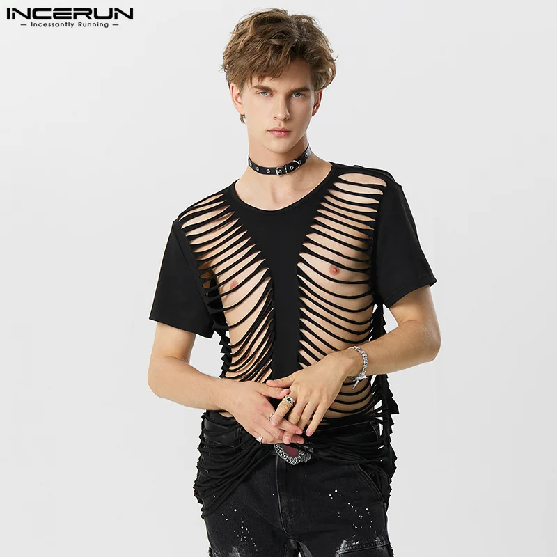 

INCERUN Tops 2023 Sexy Stylish Men's Hollow Symmetric Design T-shirts Party Shows Solid Comfortable Short Sleeve Camiseta S-5XL