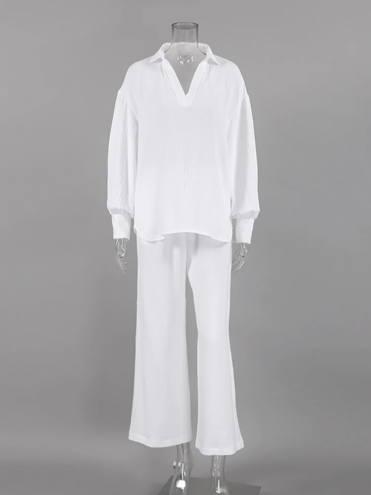 Restve Cotton Women's Nightwear Loose 2 Piece Sets Lantern Sleeve V Neck Sleepwear Female Casual Trouser Suits Winter Pajamas