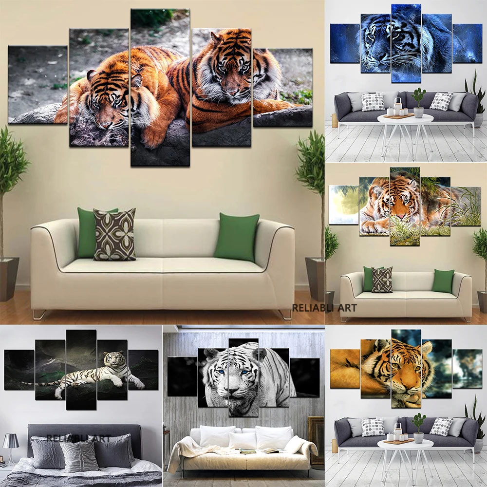

White Tiger Canvas Wall Art Paintings 5 Pieces Prints Cats Animal Posters Modula Pictures For Living Room Decoration No Frame