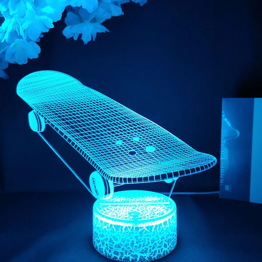 3D Skateboard Shape LED Anime Lamp  Acrylic Night Lamp RGB Flashing Skateboarders Skater Kids Beginners Gift Desktop Room Decor