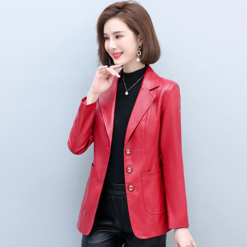 High Quality Women New Fashion PU Leather Blazer Jacket Black Motorcycle Coat Faux Leather Biker Jacket Soft Slim Jacket Female