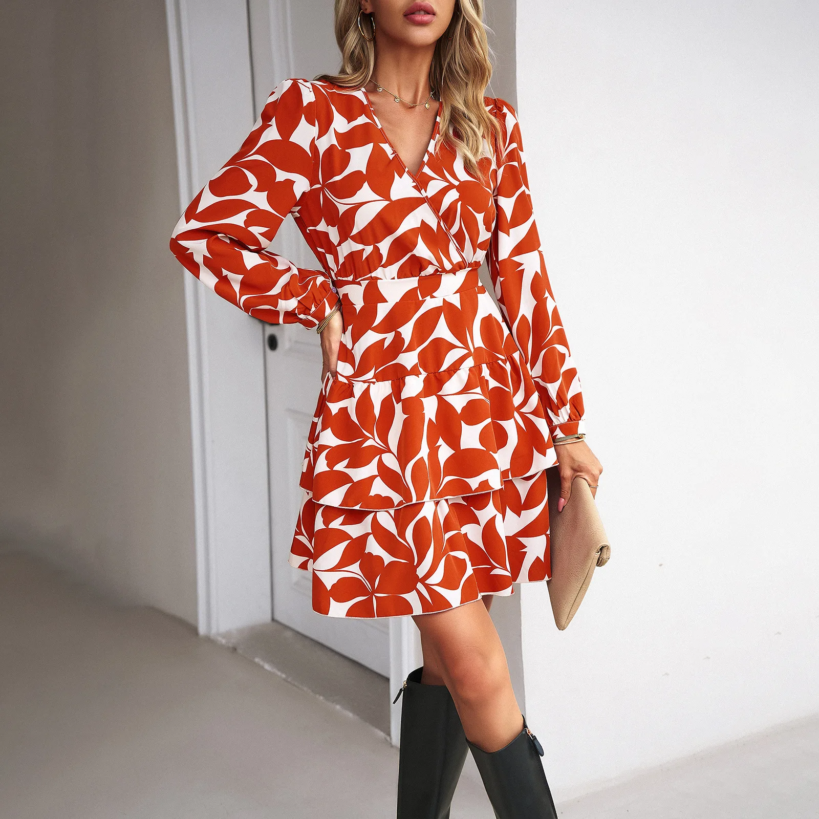 

Women's 2023 Autumn and Winter New Fashion Casual Print V-neck Puff Sleeve Dress Dress for Women
