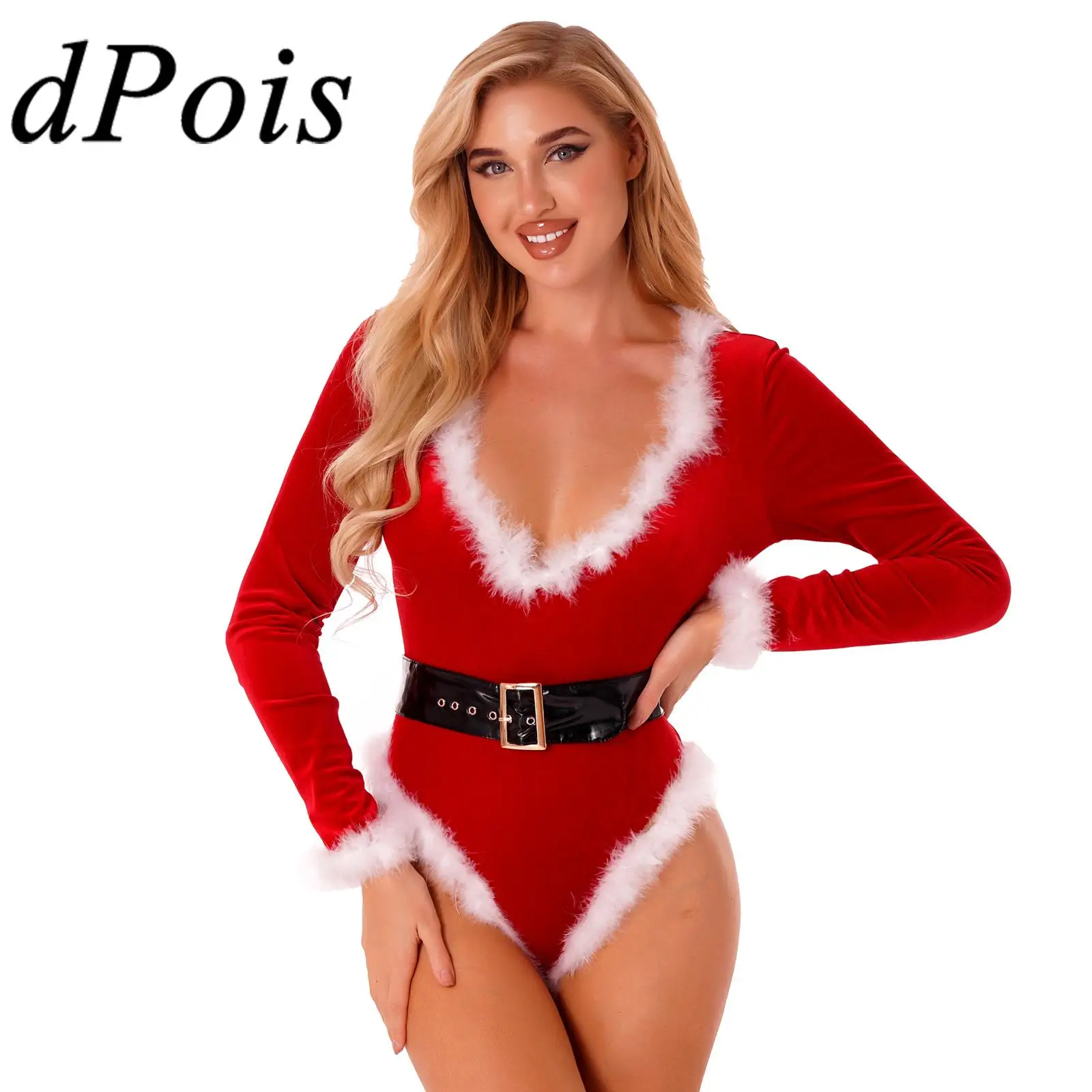 

Красные женские боди, рождественские костюмы для косплея Санта-Клауса, женское бархатное трико с глубоким V-образным вырезом и длинным рука...