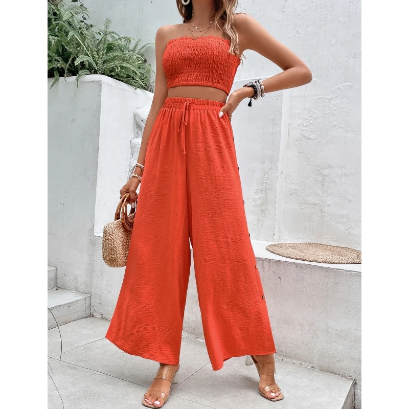 

Women's 2023 Autumn Orange Red Two Piece Set Of Pleated Wrapped Chest Bra With Split Lace Up High Waist Button Wide Leg Pants