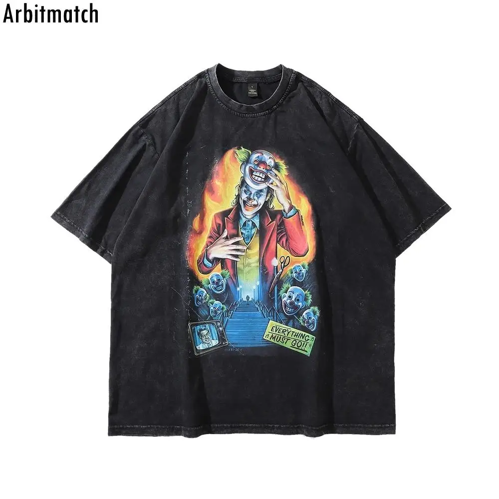 

Vintage T-Shirt Men 2022 Summer Clown Graphic Print T Shirt Cotton Oversized Men Washed Retro T-Shirts Hip Hop Streetwear Tops
