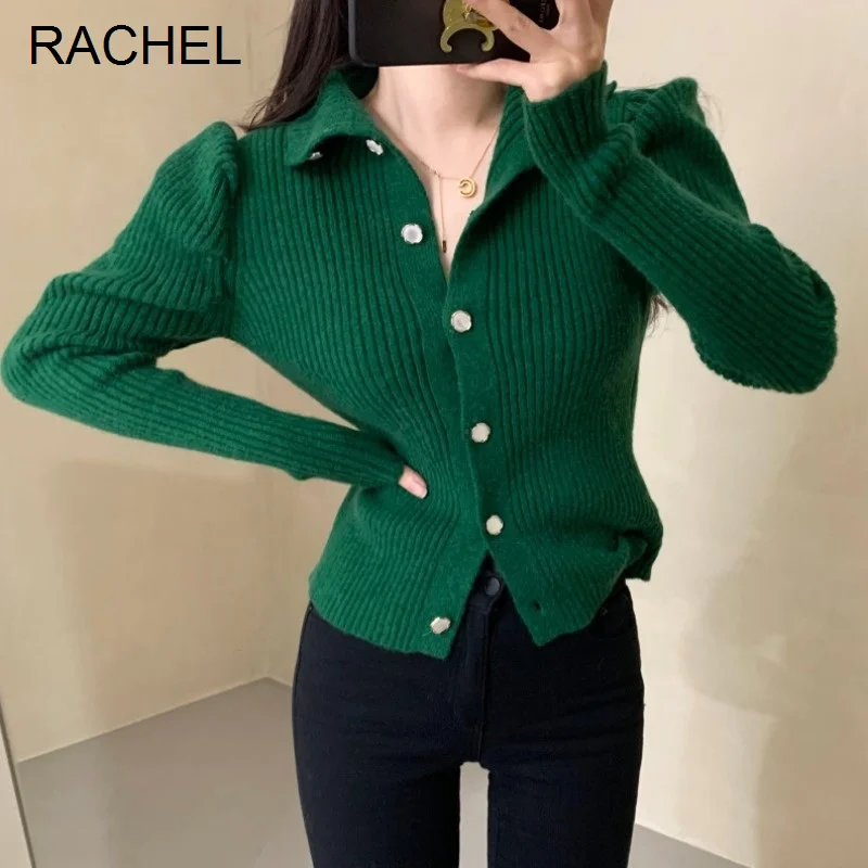 

Короткий свитер с пузырьковыми рукавами, корейский шикарный весенний простой вязаный кардиган с лацканами зеленого цвета, однобортный жен...