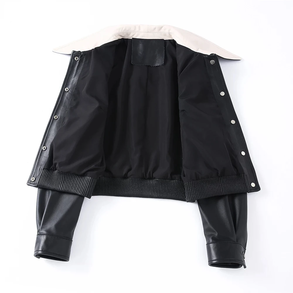 Lady Leather Jackets 2022 New Genuine Sheepskin Short Coat Single-Breasted Contrast Collar Elegant Fashion Autumn Outwear 9086