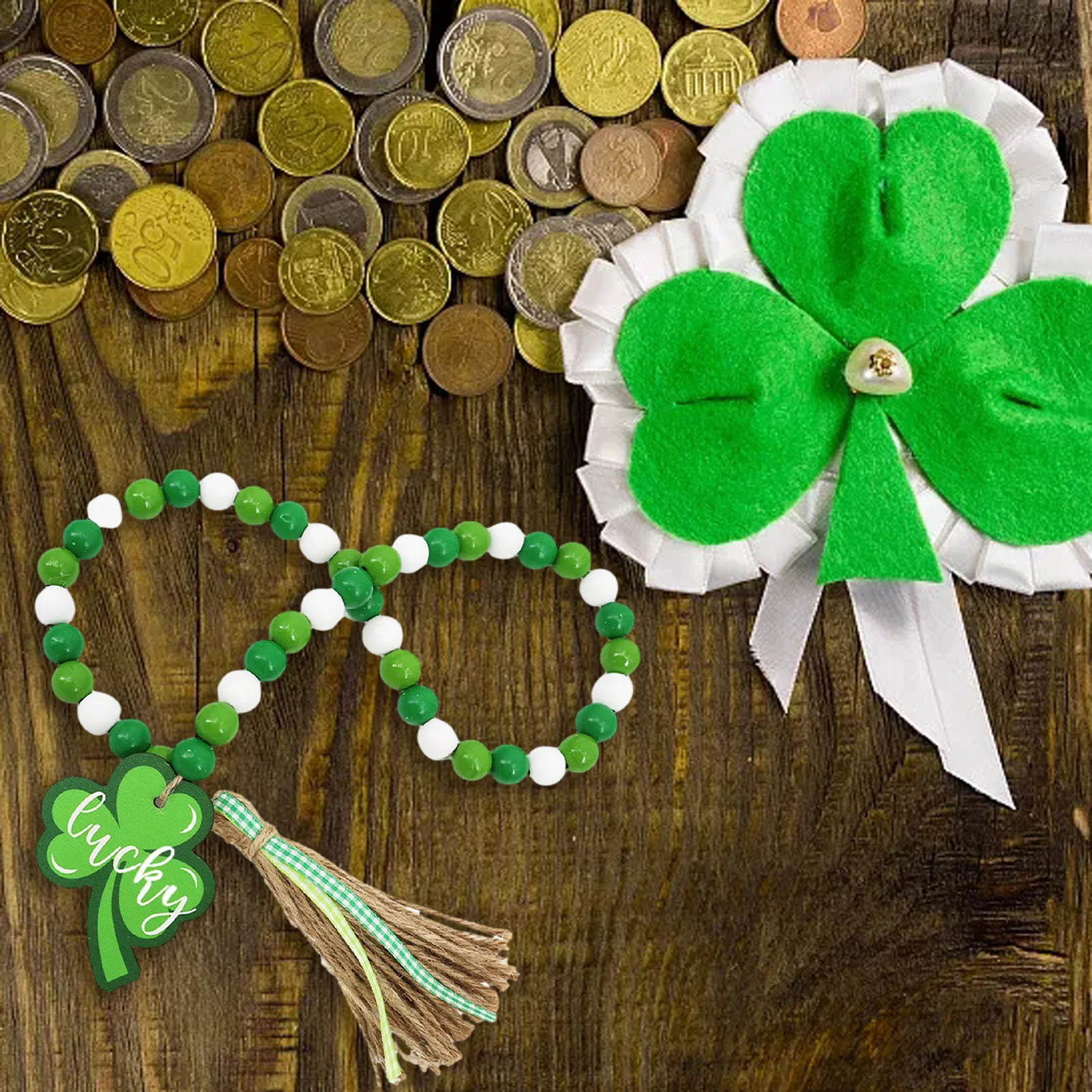 

St. Patrick's Day Wood Bead Garlands Valentine's Day Wooden Beads Tassels Beaded Garland Farmhouse Rustic Country Tiered Tray