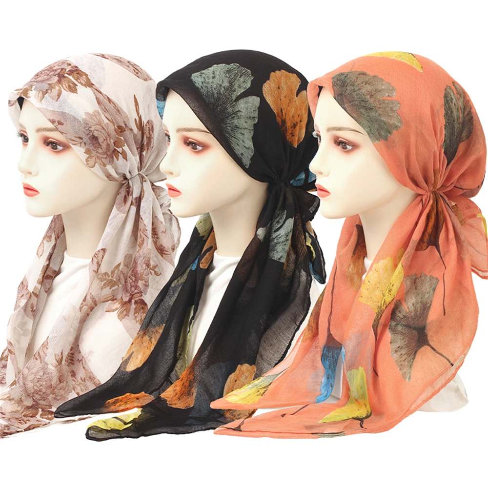 Женский Внутренний фонарь с принтом листьев для девушек, мусульманский тюрбан, головные уборы, женский зимний хиджаб, шарф, Женский тюрбан