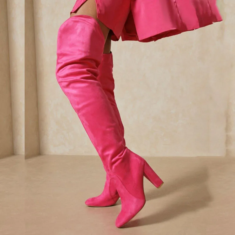 Women's Side Zip Square Toe Chunky Heel Plus Size Boots Solid Color Suede Over-the-knee Boots