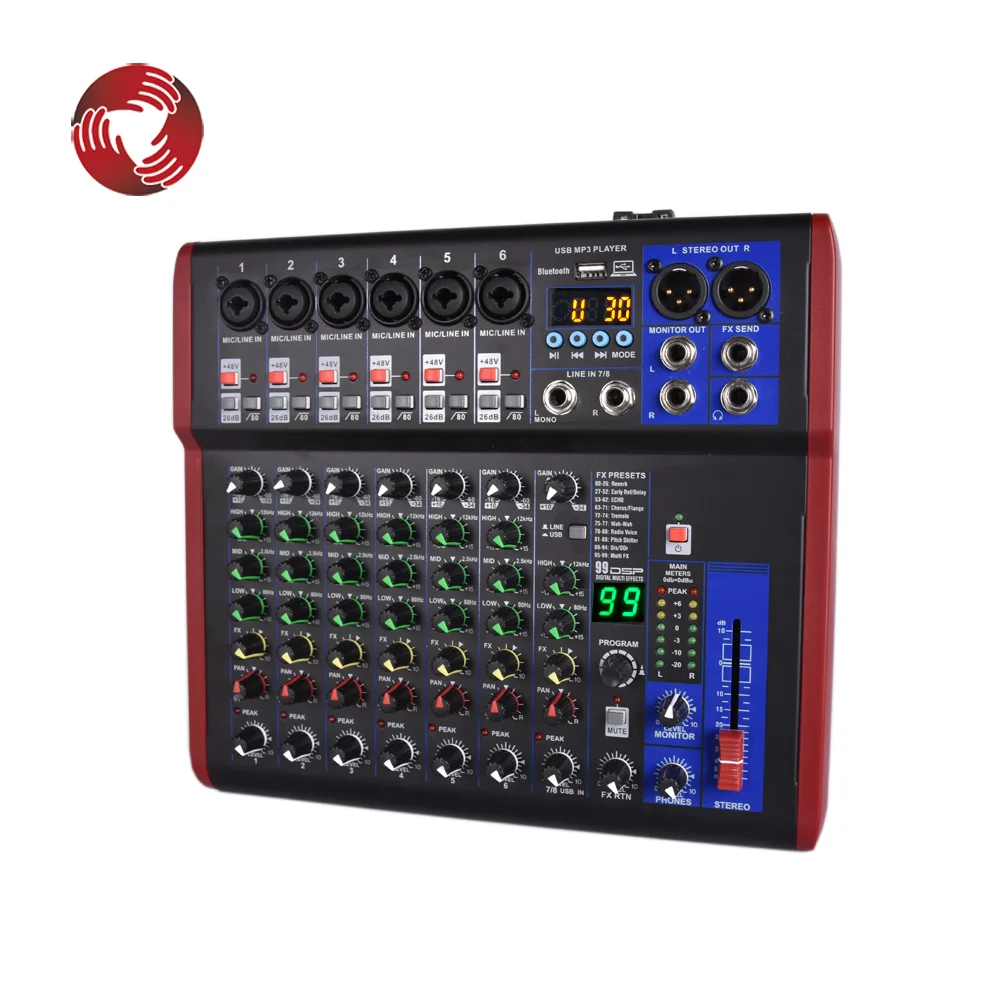 

Hot-selling 8 channels audio sound mixer music with 99 DSP