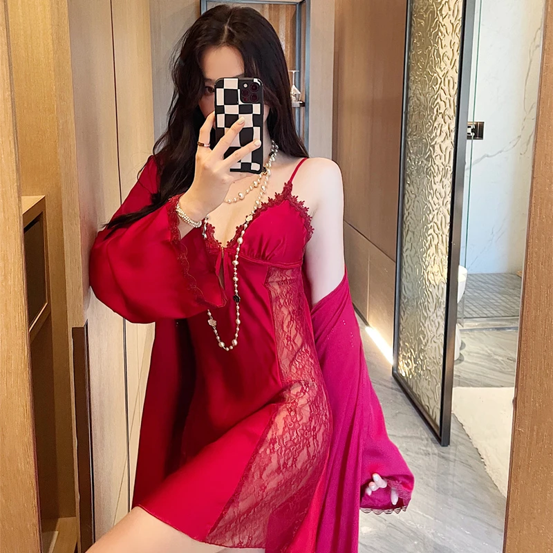 2022 new high sense two piece pajamas ladies lace sexy long sleeve robe with chest pad ice silk