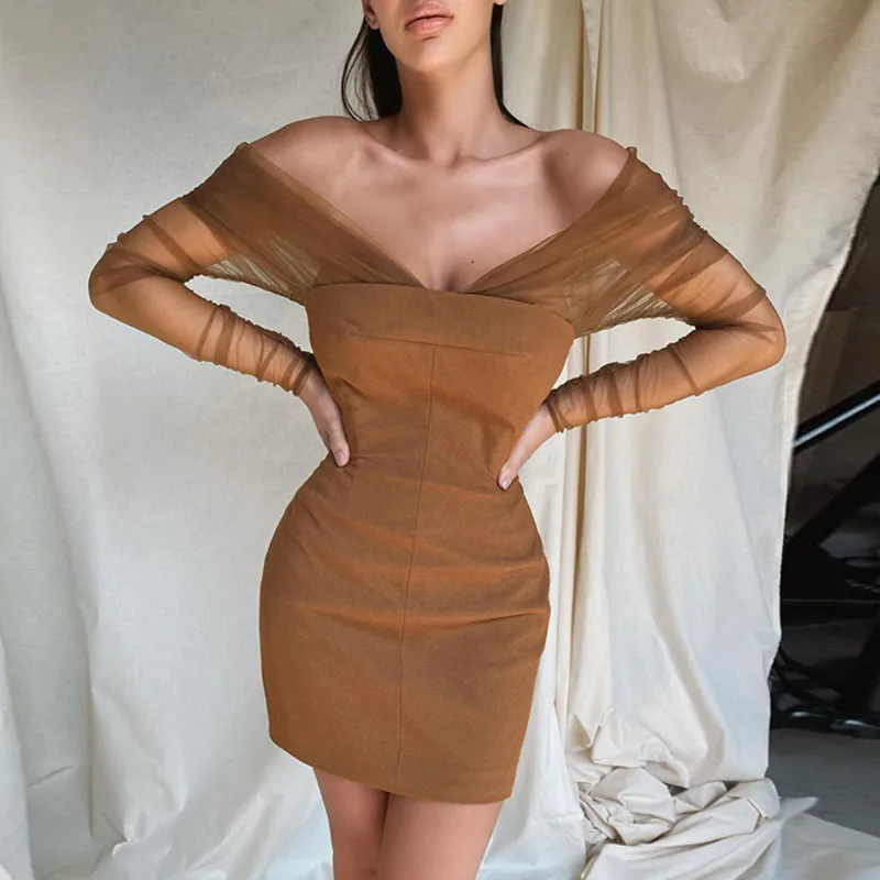 

Office Ladies Off Shoulder Patchwork Dress Sexy Long Sleeve Bodycon Mesh Mini Dress Simple and Elegant Everyday Wear Vestidos