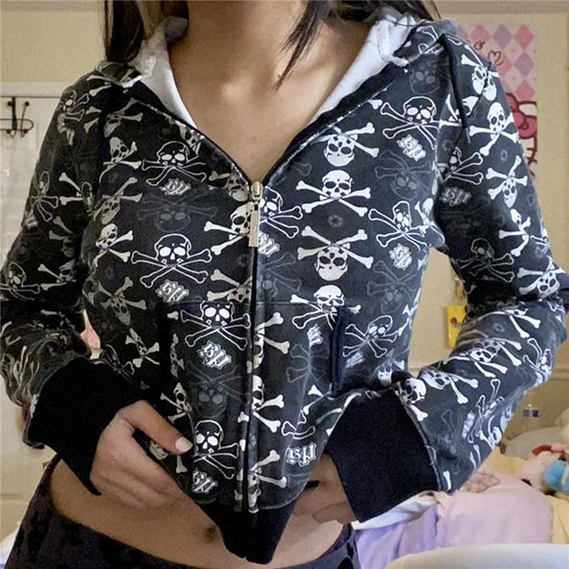 

Sweatshirt Women Punk Gothic Hoodie y2k 2000s Aesthetic Zip Up Long Sleeve Hooded Tops Halloween Skull Coat Casual Streetwear