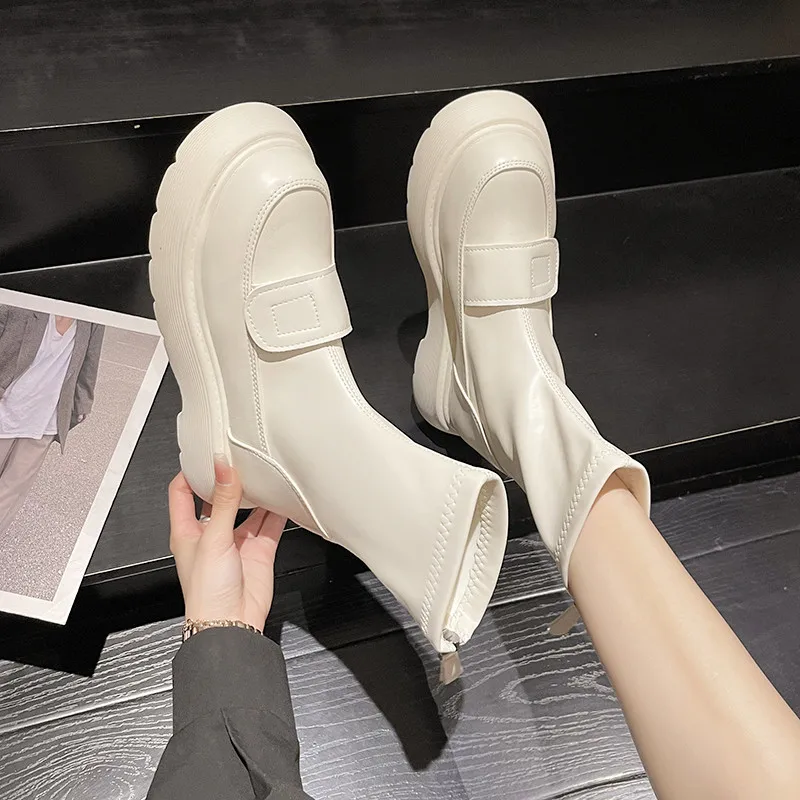 

Flat Heel Boots Women New 2022 Autumn Shoes Zipper Clogs Platform Round Toe Mid-Calf Rubber Rock Ladies Mid Calf Lolita Med Soli