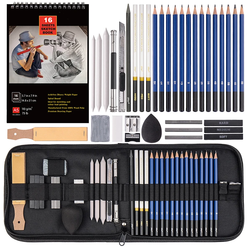 Premium 14/37pcs Graphite Drawing Pencils Sketch Set Kit 4H-12B Sketch Pencil 16 Sheets Sketch Book Writing Art Supplies