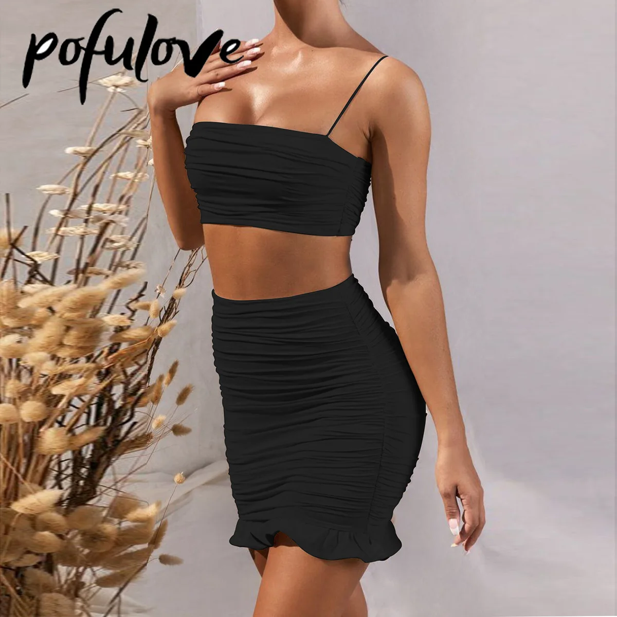 

Пикантный костюм на бретелях, жилет со складками, юбка с оборками на бедрах, однотонная облегающая юбка, Прямая поставка, оптовая продажа