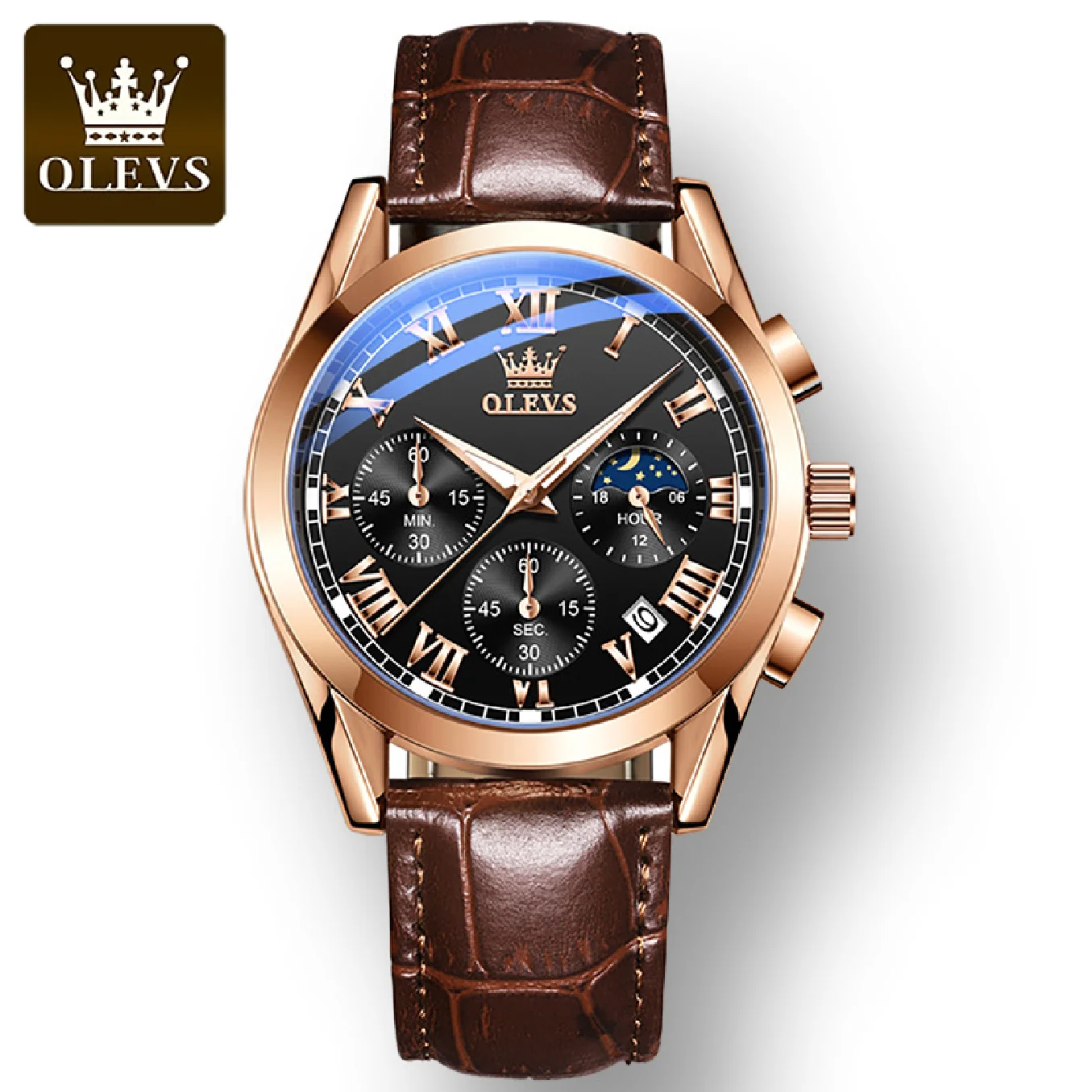 

OLEVS Waterproof Corium Strap Men Wristwatches Quartz Multifunctional Three-eye Six-hand Fashion Watches for Men Luminous