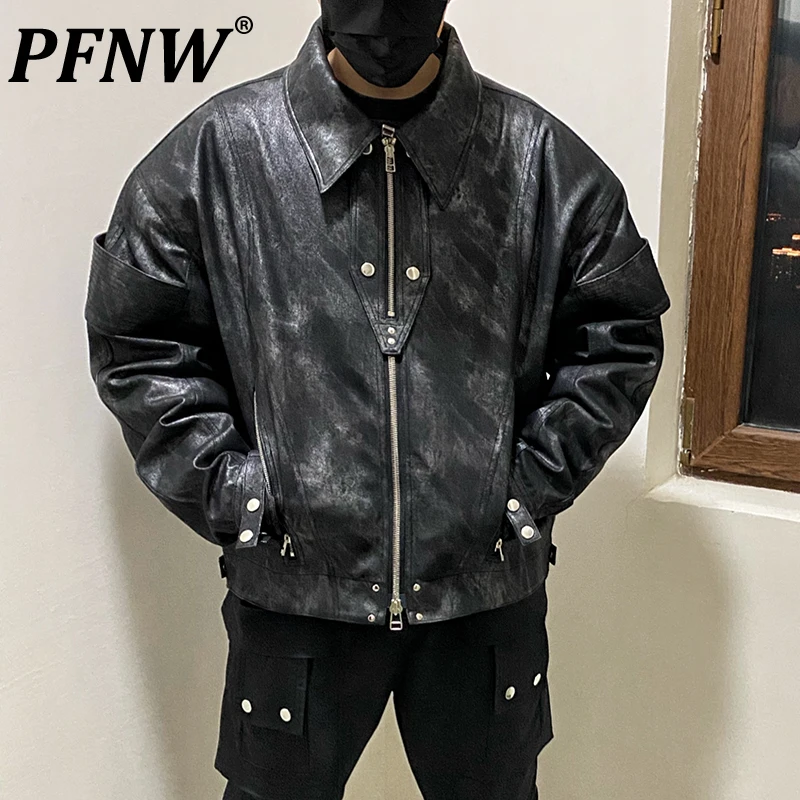 

Мужская кожаная куртка с двумя петлями PFNW, шикарная куртка на плечо с пряжкой в стиле Хай-стрит, одежда для отдыха и отдыха, модель 12A8378 на весну и осень
