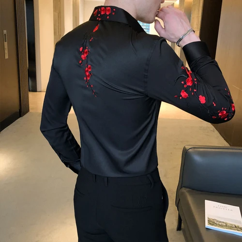 Embroidery Floral Men's Shirt Long 